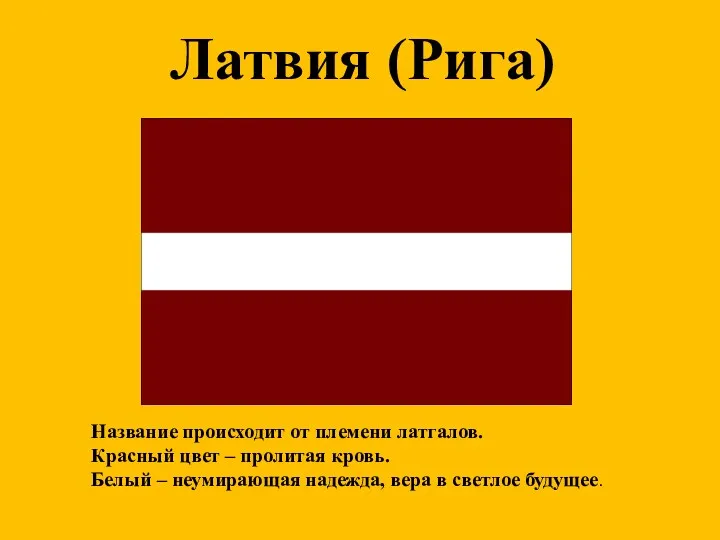 Латвия (Рига) Название происходит от племени латгалов. Красный цвет –