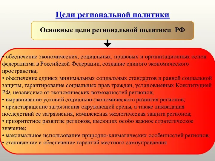 Цели региональной политики • обеспечение экономических, социальных, правовых и организационных