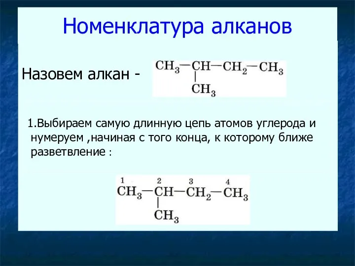 Номенклатура алканов Назовем алкан - 1.Выбираем самую длинную цепь атомов