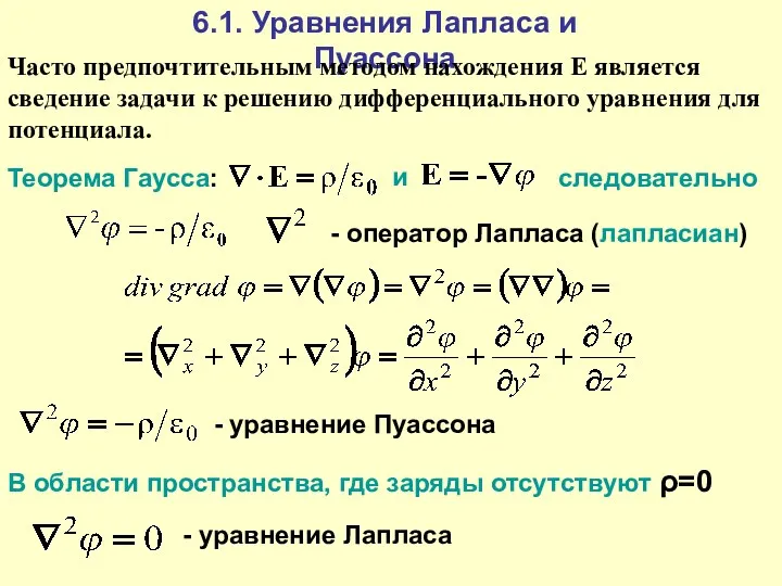 Теорема Гаусса: и следовательно - оператор Лапласа (лапласиан) - уравнение