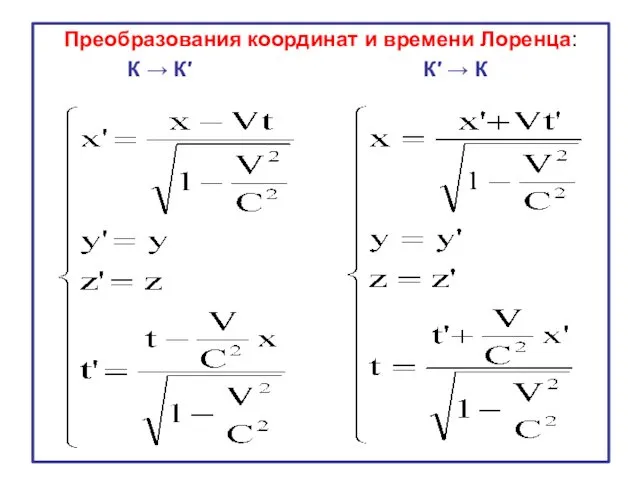 Преобразования координат и времени Лоренца: К → К′ К′ → К