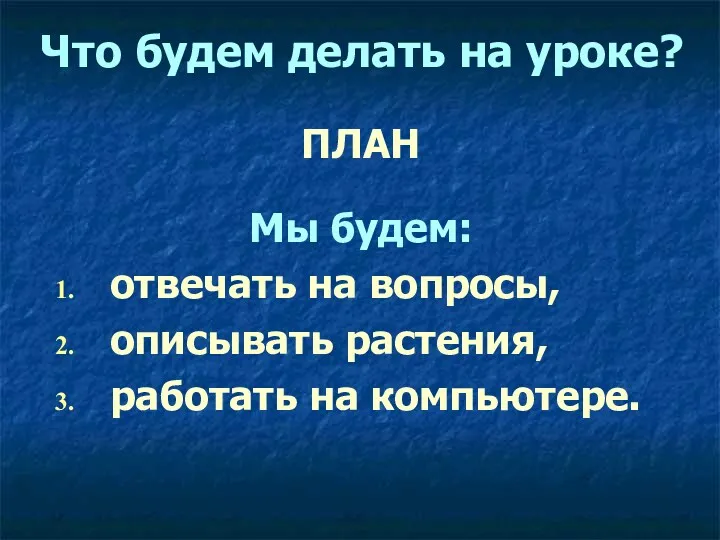 Что будем делать на уроке? ПЛАН Мы будем: отвечать на вопросы, описывать растения, работать на компьютере.