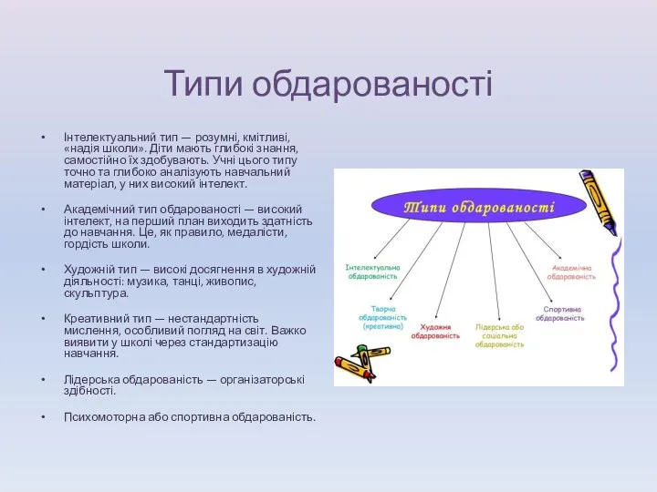 Типи обдарованості Інтелектуальний тип — розумні, кмітливі, «надія школи». Діти