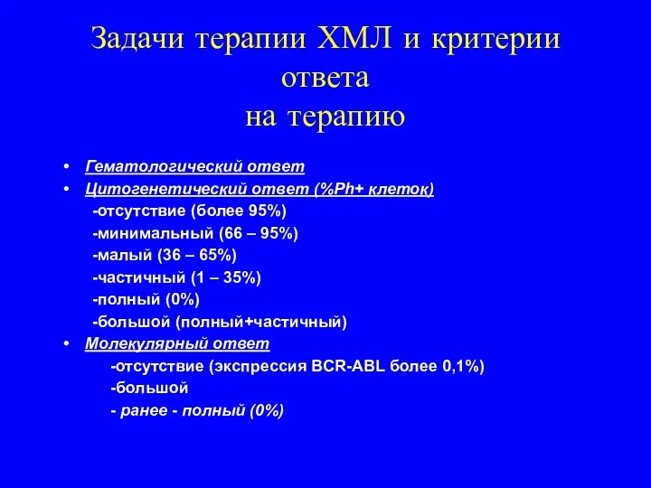 Задачи терапии ХМЛ и критерии ответа на терапию Гематологический ответ