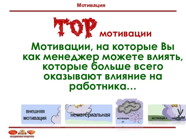 TOP мотивации Мотивации, на которые Вы как менеджер можете влиять,