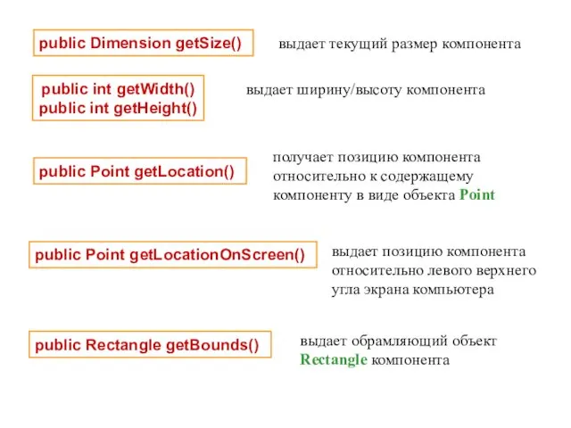 public Dimension getSize() выдает текущий размер компонента public int getWidth()