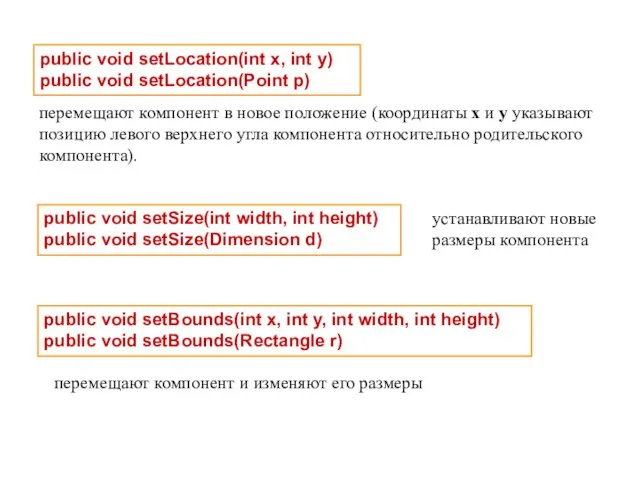 public void setLocation(int x, int y) public void setLocation(Point p) перемещают компонент в