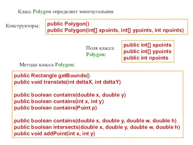 Класс Polygon определяет многоугольник public Polygon() public Polygon(int[] xpoints, int[] ypoints, int npoints)