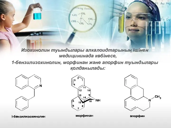 Изохинолин туындылары алкалоидтарының ішінен медицининада көбінесе, 1-бензилизохинолин, морфинан және апорфин туындылары қолданылады: