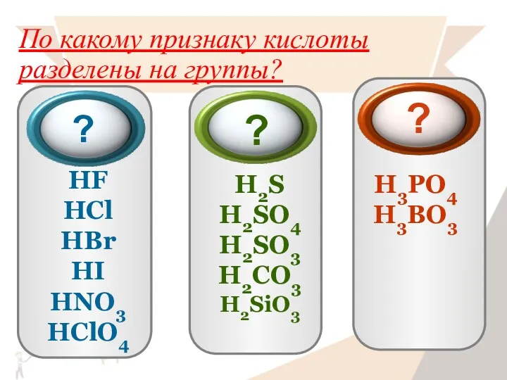 По какому признаку кислоты разделены на группы? HF HCl HBr