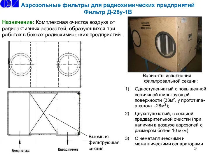 Аэрозольные фильтры для радиохимических предприятий Фильтр Д-28у-1В Выемная фильтрующая секция Варианты исполнения фильтровальной