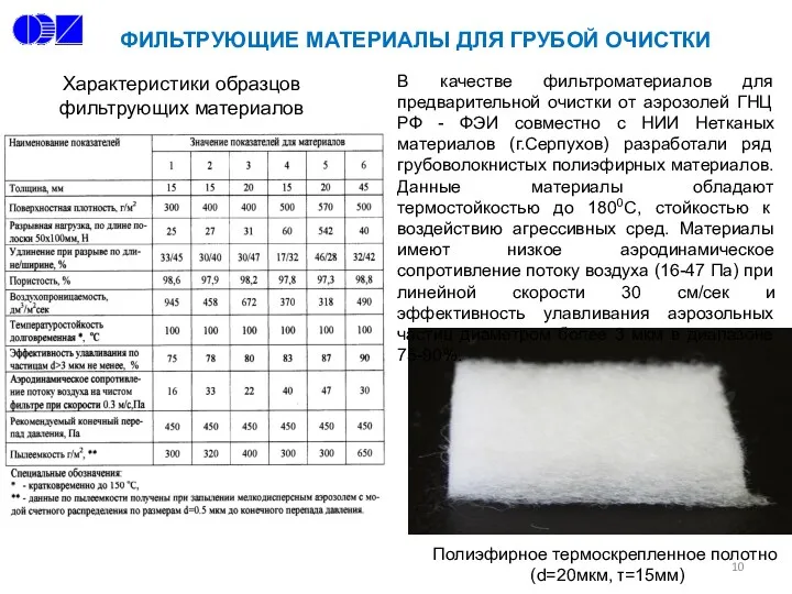 В качестве фильтроматериалов для предварительной очистки от аэрозолей ГНЦ РФ