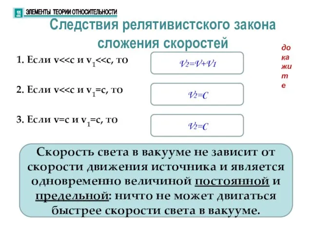 Следствия релятивистского закона сложения скоростей 1. Если v 2. Если v 3. Если