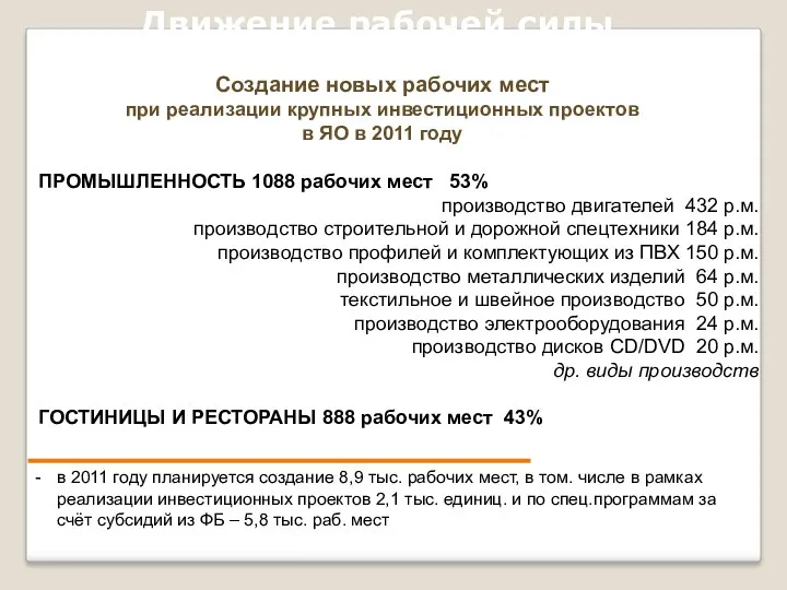 Движение рабочей силы ПРОМЫШЛЕННОСТЬ 1088 рабочих мест 53% производство двигателей