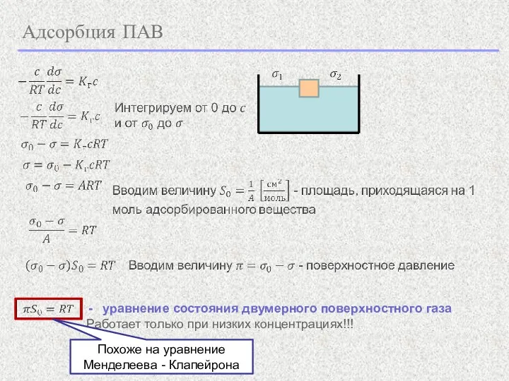 Адсорбция ПАВ уравнение состояния двумерного поверхностного газа Работает только при