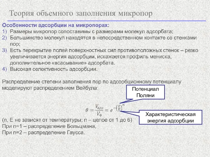 Теория объемного заполнения микропор Потенциал Поляни Характеристическая энергия адсорбции