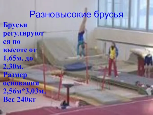 Разновысокие брусья Брусья регулируются по высоте от 1,65м. до 2,30м. Размер основания 2,56м*3,03м. Вес 240кг