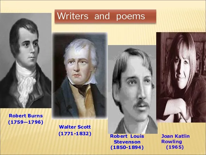Writers and poems Robert Louis Stevenson (1850-1894) Joan Katlin Rowling (1965)