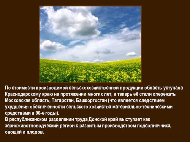 По стоимости производимой сельскохозяйственной продукции область уступала Краснодарскому краю на