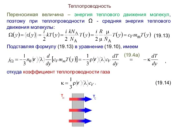 Теплопроводность Переносимая величина – энергия теплового движения молекул, поэтому при