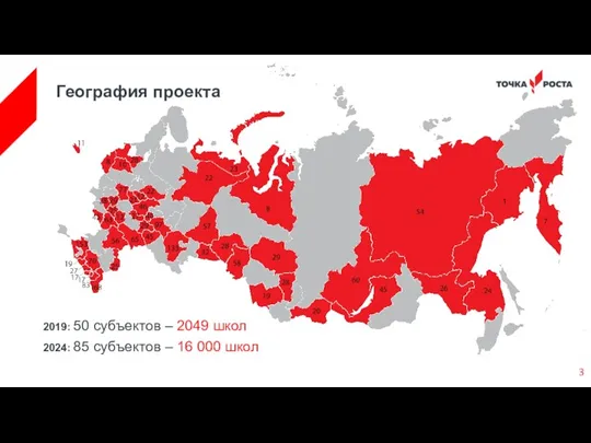 География проекта 2019: 50 субъектов – 2049 школ 2024: 85 субъектов – 16 000 школ