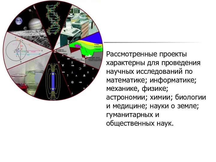 Рассмотренные проекты характерны для проведения научных исследований по математике; информатике;