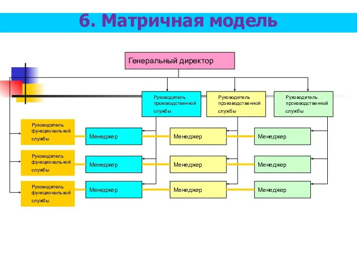 6. Матричная модель Генеральный директор Руководитель производственной службы Менеджер Менеджер