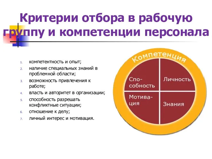 Критерии отбора в рабочую группу и компетенции персонала компетентность и