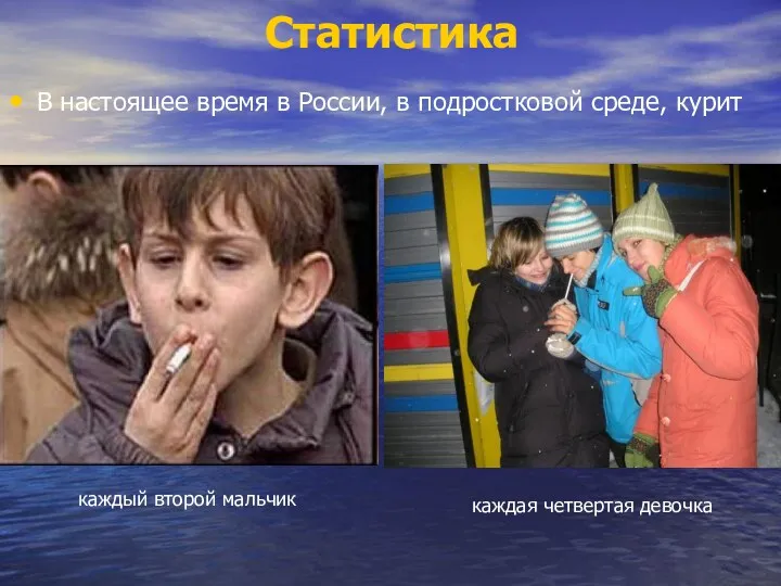 Статистика В настоящее время в России, в подростковой среде, курит каждая четвертая девочка каждый второй мальчик