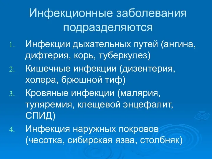 Инфекционные заболевания подразделяются Инфекции дыхательных путей (ангина, дифтерия, корь, туберкулез)