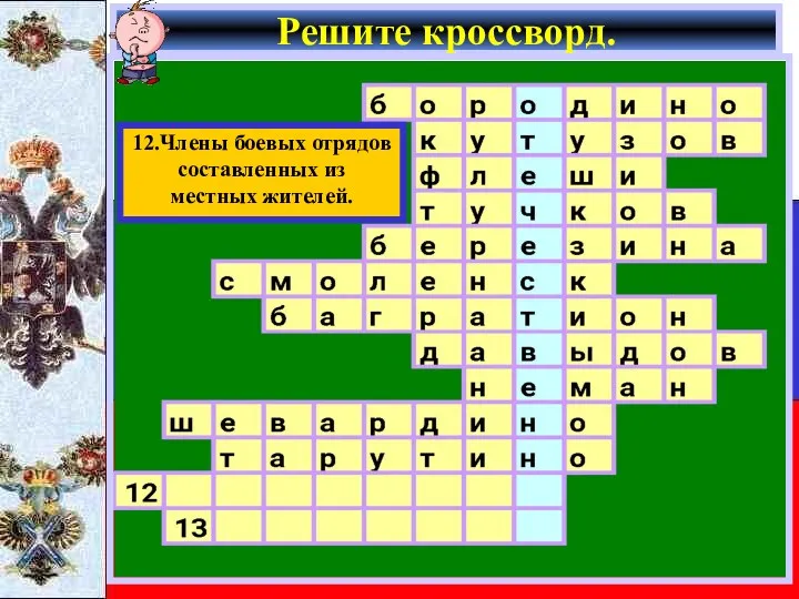 Решите кроссворд. 12.Члены боевых отрядов составленных из местных жителей.