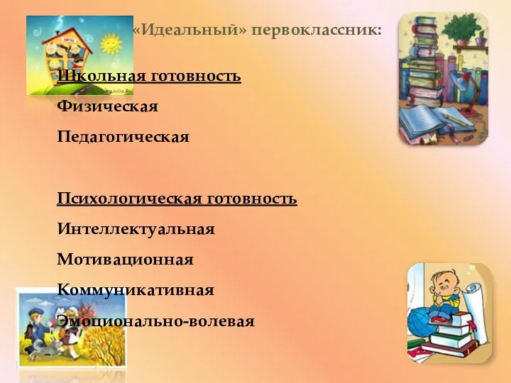 «Идеальный» первоклассник: Школьная готовность Физическая Педагогическая Психологическая готовность Интеллектуальная Мотивационная Коммуникативная Эмоционально-волевая