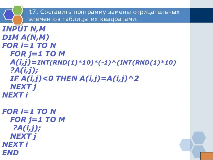 17. Составить программу замены отрицательных элементов таблицы их квадратами. INPUT