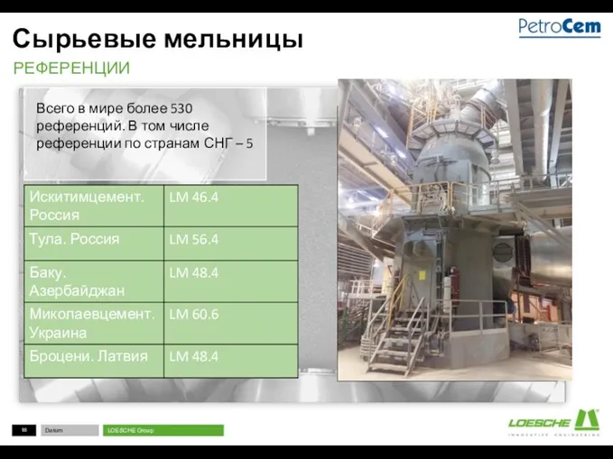 Сырьевые мельницы РЕФЕРЕНЦИИ Всего в мире более 530 референций. В