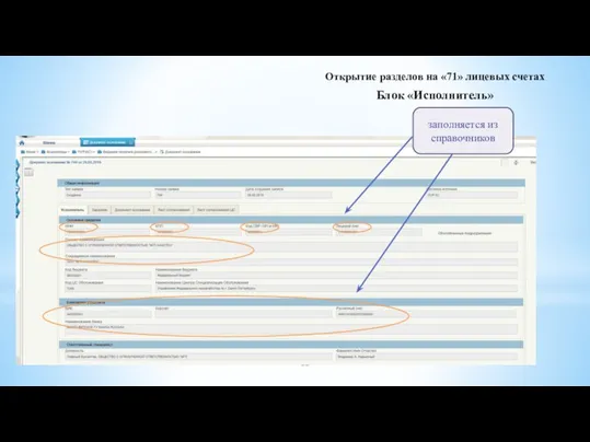 Открытие разделов на «71» лицевых счетах Блок «Исполнитель» заполняется из справочников