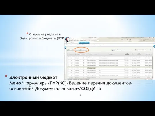 Открытие раздела в Электронном бюджете (ПУР КС) Электронный бюджет Меню/Формуляры/ПУР(КС)/Ведение перечня документов-оснований/ Документ-основание/СОЗДАТЬ