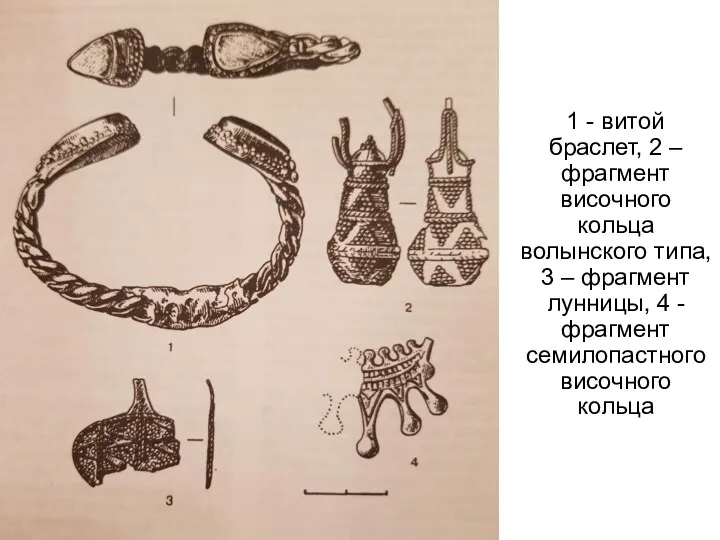 1 - витой браслет, 2 – фрагмент височного кольца волынского