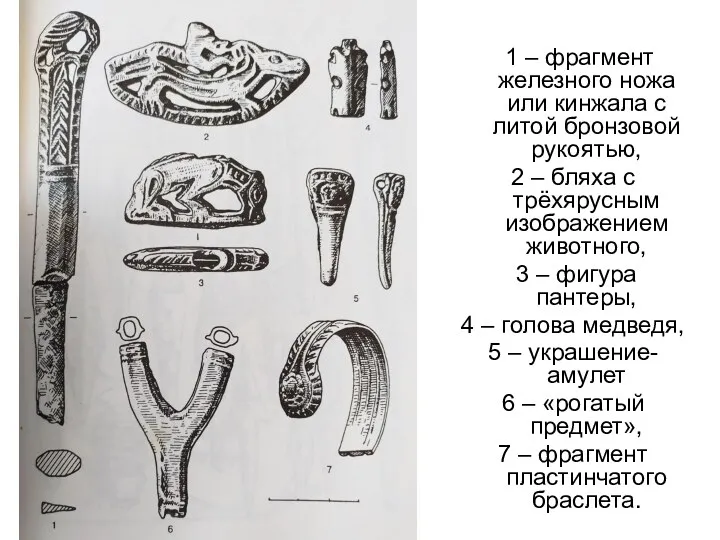 1 – фрагмент железного ножа или кинжала с литой бронзовой
