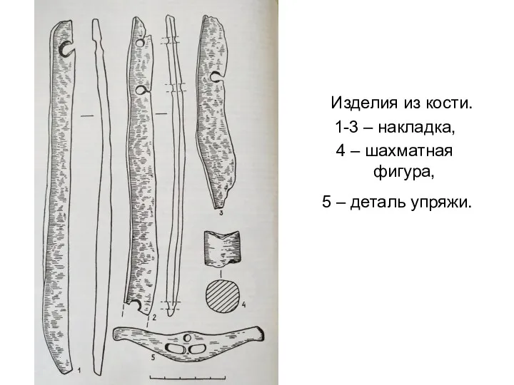 Изделия из кости. 1-3 – накладка, 4 – шахматная фигура, 5 – деталь упряжи.