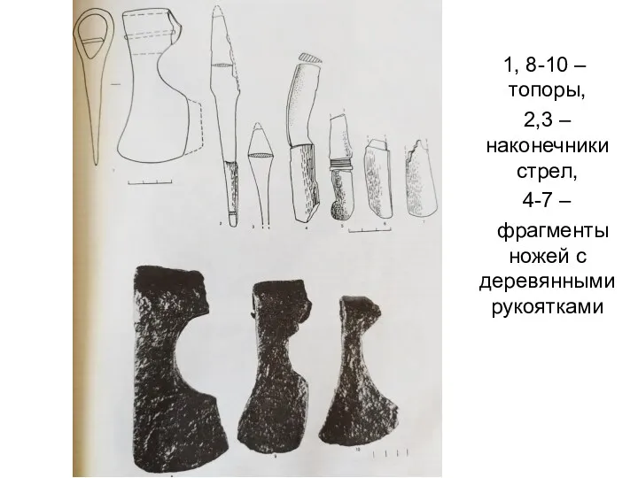 1, 8-10 – топоры, 2,3 – наконечники стрел, 4-7 – фрагменты ножей с деревянными рукоятками