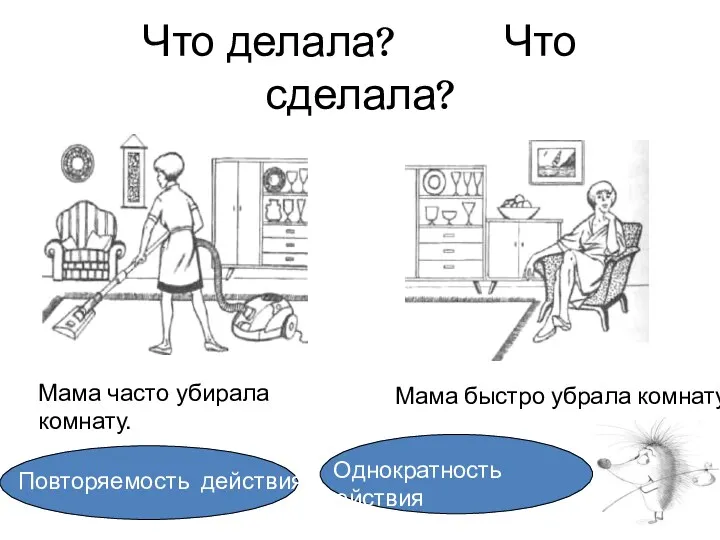 Что делала? Что сделала? Мама часто убирала комнату. Мама быстро убрала комнату Повторяемость действия Однократность действия