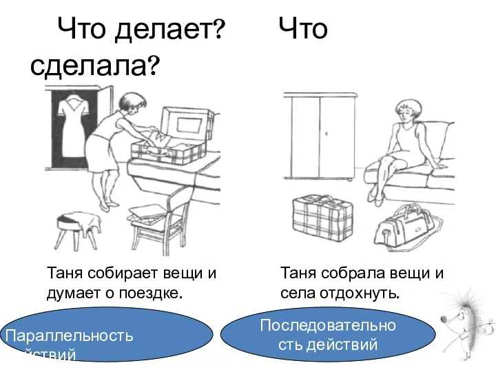 Что делает? Что сделала? Таня собирает вещи и думает о