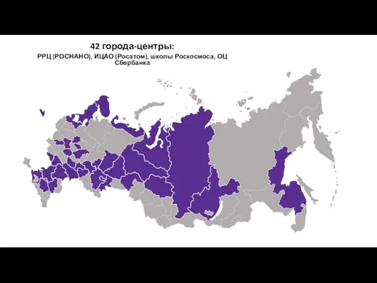 42 города-центры: РРЦ (РОСНАНО), ИЦАО (Росатом), школы Роскосмоса, ОЦ Сбербанка