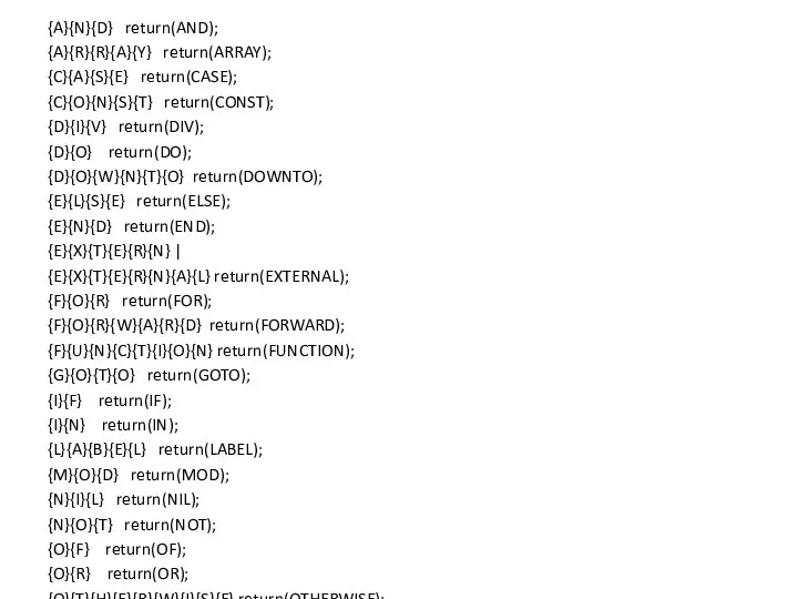 {A}{N}{D} return(AND); {A}{R}{R}{A}{Y} return(ARRAY); {C}{A}{S}{E} return(CASE); {C}{O}{N}{S}{T} return(CONST); {D}{I}{V} return(DIV);