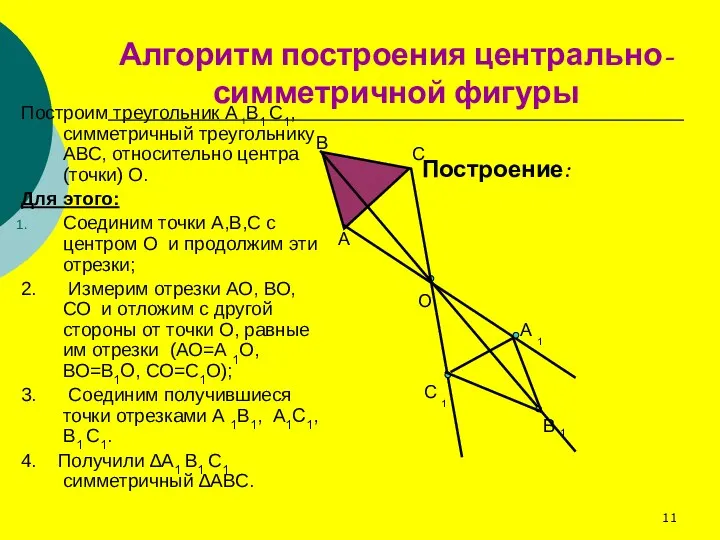 Алгоритм построения центрально-симметричной фигуры Построим треугольник А 1В1 С1, симметричный