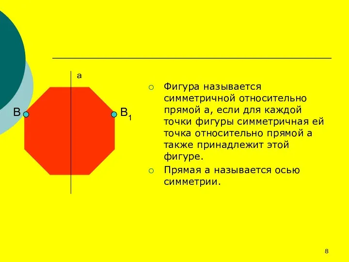 Фигура называется симметричной относительно прямой а, если для каждой точки