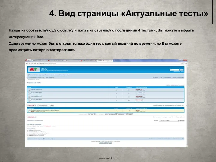 4. Вид страницы «Актуальные тесты» www.mf-ltd.ru Нажав на соответствующую ссылку и попав на