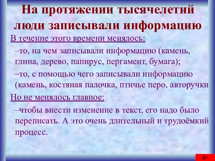 В течение этого времени менялось: то, на чем записывали информацию