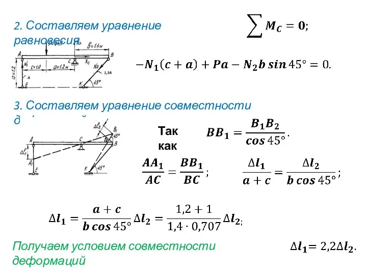 2. Составляем уравнение равновесия. 3. Составляем уравнение совместности деформаций. Так как Получаем условием совместности деформаций