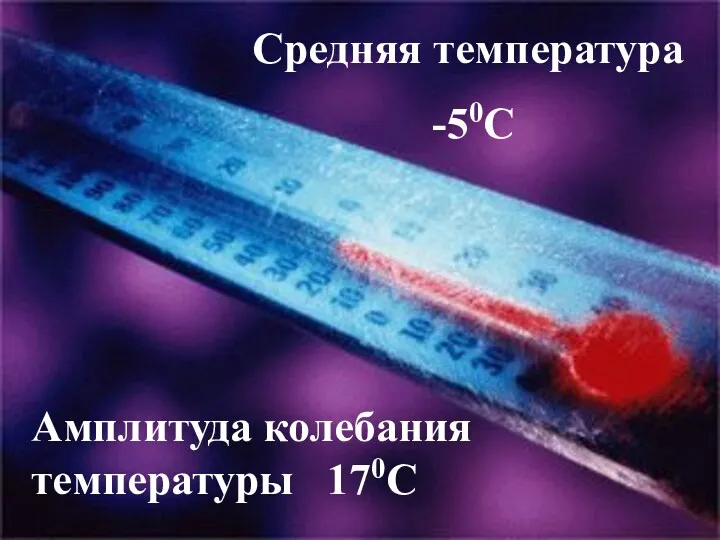 Средняя температура -50С Амплитуда колебания температуры 170С